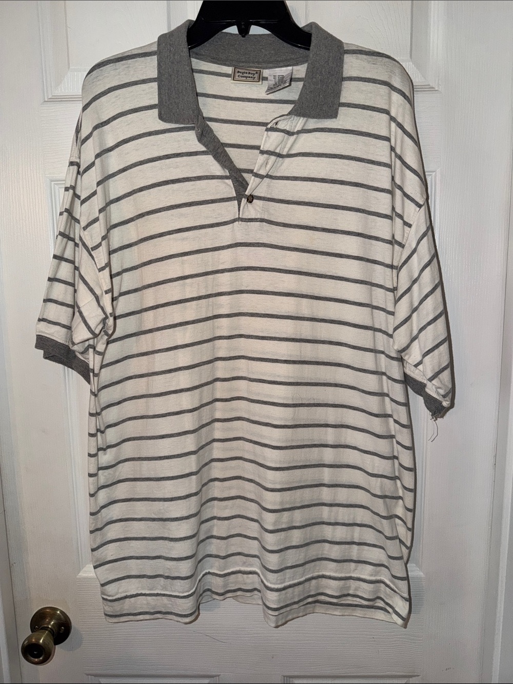 Men’s Bugle Boy polo shirt, size L, Cream with Gray stripes, collar & arm bands